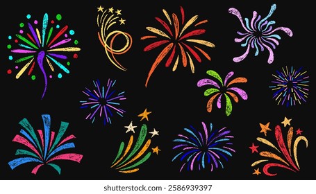Doodle crayon fireworks. Set of colorful pencil drawn lightning, explosion, sun rays, swirls, firecrackers, sparkles, motion effects. Bursting rays line icon. Vector illustration in kid's style