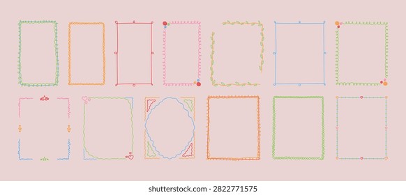 Doodle crayon frames set Kindergarten of hand drawn childish design borders decorated 
