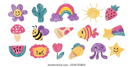 Doodle crayon icon set, naive wax crayon art, kids doodle scribbles with pizza, lion, fish, flower, jellyfish, watermelon. Vector Cartoon-hand drawn childish sketches.