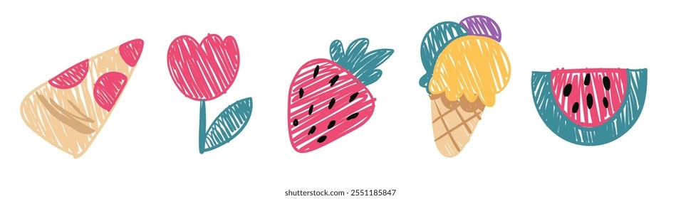 Doodle Buntstift-Ikone-Set, naive Wachs Buntstift Kunst, Kinder doodle Kritzeleien mit Pizza, Blume, Eis, Wassermelone. Vektor Karikatur handgezeichnete kindliche Skizzen.