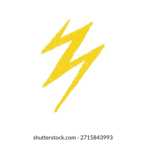 Doodle crayón icono de relámpago. Símbolo de relámpago de tiza dibujado a mano con textura grunge. Elemento gráfico. Crayón doodle amarillo trueno. Ilustración de lápiz de Vector aislado sobre fondo blanco.