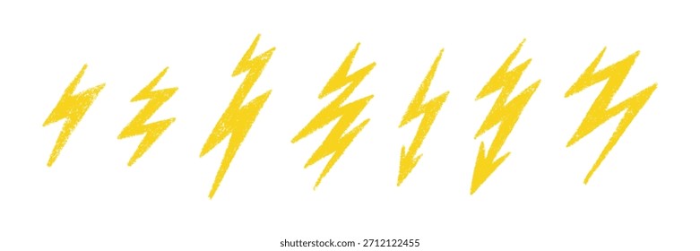 Doodle crayón símbolo de relámpago. Relámpago de tiza dibujado a mano con textura grunge. Elemento gráfico para collages divertidos. Crayón doodle amarillo trueno. Ilustración de lápiz de Vector aislado sobre fondo blanco.