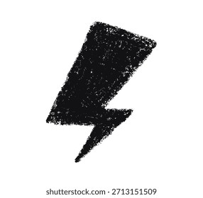 Doodle crayon lightning symbol. Hand drawn chalk lightning with grunge texture. Graphic element for fun collages. Crayon doodle black thunder. Vector pencil illustration isolated on white background.