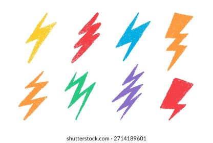 Doodle crayon lightning symbol. Hand drawn chalk lightning with grunge texture. Graphic element for fun collages. Crayon doodle color thunder. Vector pencil illustration isolated on white background.
