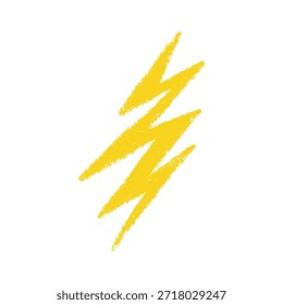 Símbolo de raio de giz de cera de cera. Raios de giz desenhados à mão com textura grunge. Elemento gráfico para colagens divertidas. Crayon doodle trovão amarelo. Ilustração a lápis vetorial isolada sobre fundo branco.