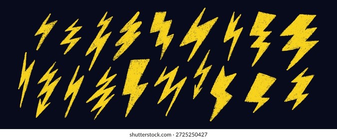 Doodle crayon lightning symbol. Hand drawn chalk lightning with grunge texture. Graphic element for fun collages. Crayon doodle yellow thunder. Vector pencil illustration isolated on black background.