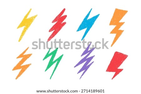 Doodle crayon lightning symbol. Hand drawn chalk lightning with grunge texture. Graphic element for fun collages. Crayon doodle color thunder. Vector pencil illustration isolated on white background.