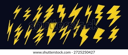 Doodle crayon lightning symbol. Hand drawn chalk lightning with grunge texture. Graphic element for fun collages. Crayon doodle yellow thunder. Vector pencil illustration isolated on black background.