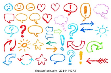 doodle Crayon speech bubbles, arrows, heart shape, smile, sign, symbols funny set. Colorful pastel chalk or pencil like kid`s hand drawn doodle child style sketch design elements, vector.