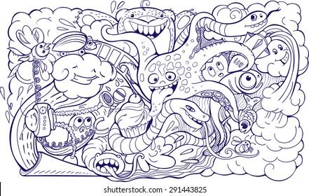 doodle of crazy sea-life creatures having fun