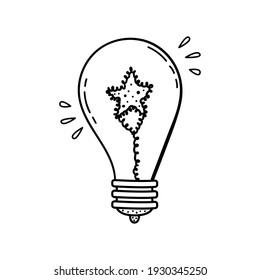 Doodle de la ilustración de la bombilla creativa. Ilustración de dibujos animados.