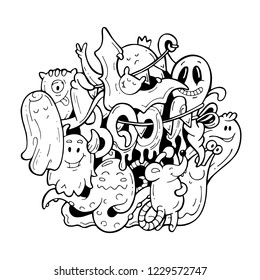 Doodle creepy pattern with cute cartoon monsters. Black and white hand drawn happy kawaii illustration with bat, rat, octopus, ghost and text Boo! for card, banner, coloring book, t-shirt, fabric prin