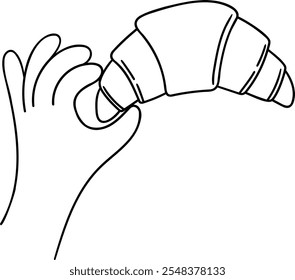 A doodle of a croissant held by a hand, ideal for bakery designs and cafe concepts.