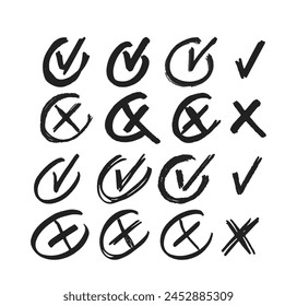 Doodle Cross And Check Marks Inside Of Round Frames. Vector X Symbol Indicating Incorrect Or Negative