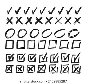 Doodle Cross And Check Marks, Square Boxes And Circle Frames Manuscript Writing Elements. Vector X and V Symbols