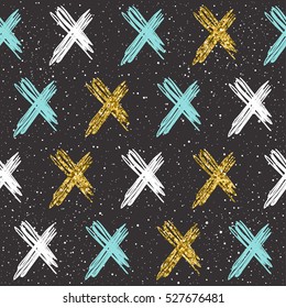 Doodle cross seamless background. White, blue and gold cross. Abstract cross seamless pattern for card, invitation, album, scrapbook, holiday wrapping paper, textile fabric, garment etc. Gold texture