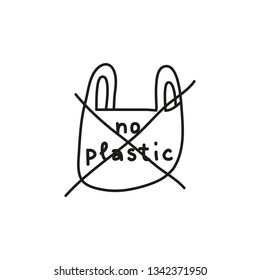 Doodle crossed out plastic bag with lettering isolated on whie background.