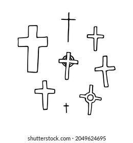 Doodle crosses set. Outline grave isolated on white background. Sign of Halloween, Day of the Dead, burial, RIP, church. Religious sketch symbol of different shapes. Vector Gothic illustration