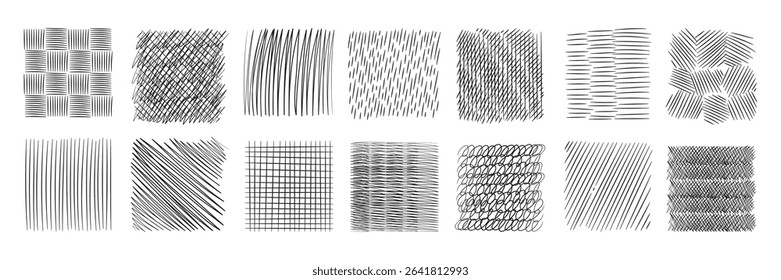 Doodle crosshatch. Hand drawn linear sketch, pencil strokes, different types and angles, artistic style, filling in tone, square composition, black strait and curve lines, garish vector set