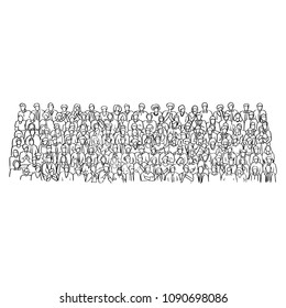 doodle crowd business people on meeting room vector illustration sketch hand drawn with black lines isolated on white background