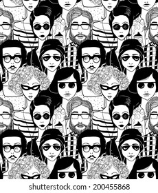 Doodle crowd inn sunglasses seamless pattern.