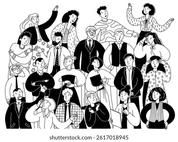 Doodle crowd. People group talking and discussing, sketch diverse social groups background, business people community and society concept. Vector hand drawn persons crowd.