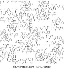 Doodle of a crowd of people at a stadium or rally, at a soccer match, vector illustration sketch hand drawn with black lines on a white background. Vector illustration on white background. 