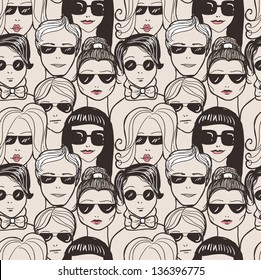 Doodle "crowd in sunglasses" seamless pattern.