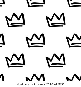 Doodle crown background. Seamless pattern with symbol of success for teen generation who rule the world. Black line sketch.