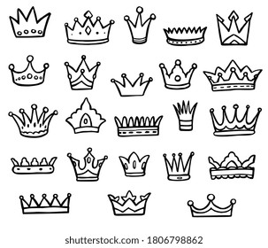 Doodle crown  Black  and  white doodle queen king crown logo graffiti isolated icon set white  Vector royal head accessory  imperial coronation symbol  monarch majestic jewel tiara illustration