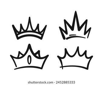 Doodle Crown Collection. Playful, Quirky Hand-drawn Diadems Or Tiaras. Monochrome Vector Elements For Creative Projects