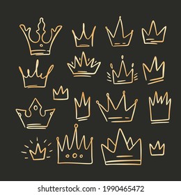 Doodle crown golden gradient queen sketch set. King icon illustration design. Vector princess graphic.