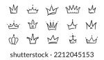 Doodle crown hand drawn set. Doodle princess crown, queen tiara. Line sketch royal element. Queen, king hand drawn simple design element. Isolated vector illustration.