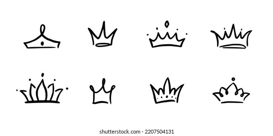 Doodle crown hand drawn set. Doodle princess crown, queen tiara. Line sketch royal element. Queen, king hand drawn simple design element. Isolated vector illustration.