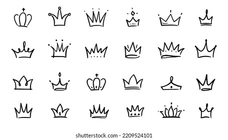 Doodle crown hand drawn set. Doodle princess crown, queen tiara. Line sketch royal element. Queen, king hand drawn simple design element. Isolated vector illustration.