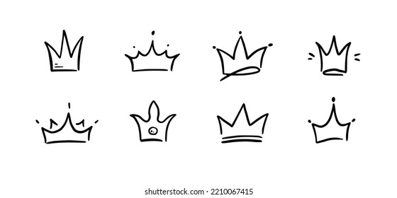 Juego dibujado a mano por la corona de Doodle. Corona de princesa Doodle, reina tiara. Esbozo de línea de elemento real. Reina, elemento de diseño simple dibujado a mano real. Ilustración vectorial aislada.