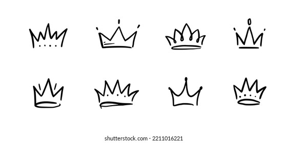 Doodle crown hand drawn set. Doodle princess crown, queen tiara. Line sketch royal element. Queen, king hand drawn simple design element. Isolated vector illustration.