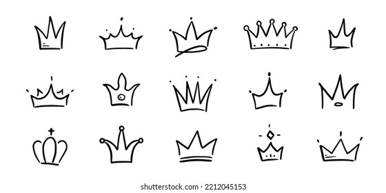 Doodle crown hand drawn set. Doodle princess crown, queen tiara. Line sketch royal element. Queen, king hand drawn simple design element. Isolated vector illustration. svg