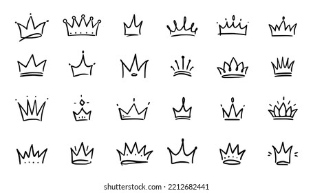 Doodle crown hand drawn set. Doodle princess crown, queen tiara. Line sketch royal element. Queen, king hand drawn simple design element. Isolated vector illustration.