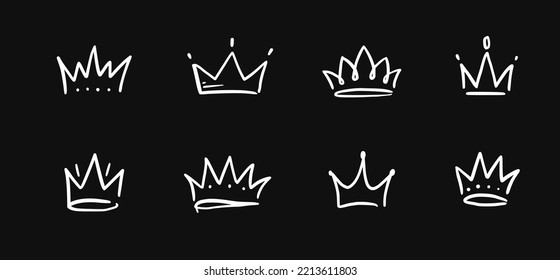 Doodle crown hand drawn set. Doodle princess crown, queen tiara. Line sketch royal element. Queen, king hand drawn simple design element. Isolated vector illustration.