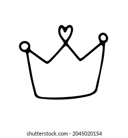 Doodle Crown with heart. Hand-drawn cute diadem accessory isolated on white background. Outline corona for Valentines Day, Summer, February 14, Wedding, Party. Feelings icon. Vector love illustration