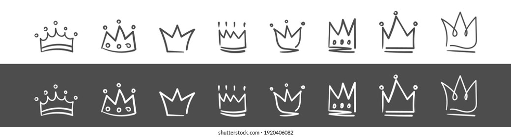 Doodle crown icons. Hand drawn crowns. Royal imperial coronation and monarch symbols. Vector illustration