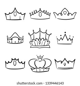 Doodle crown princess collection. Simple crowning, elegant queen or king crowns hand drawn.