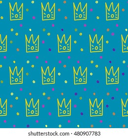 Doodle crown seamless pattern background. Hand drawn abstract shapes isolated on blue for use in design card, invitation, book, album, poster, brochures, notebook etc