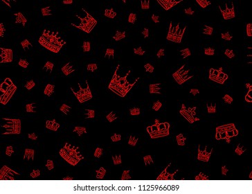 Doodle crown seamless pattern. Scattered hand drawn crowns on black background. Vector illustration for print, textile, paper.