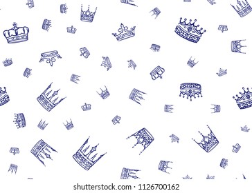Doodle crown seamless pattern. Scattered hand drawn crowns on white background. Vector illustration for print, textile, paper.