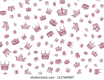Doodle crown seamless pattern. Scattered hand drawn crowns on white background. Vector illustration for print, textile, paper.