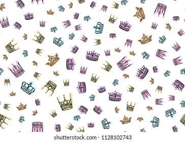 Doodle crown seamless pattern. Scattered hand drawn crowns with colorful shades on white background. Vector illustration for print, textile, paper.