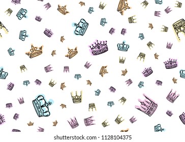 Doodle crown seamless pattern. Scattered hand drawn crowns with colorful shades on white background. Vector illustration for print, textile, paper.