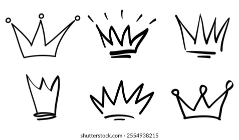 Doodle crown sign on set. hand drawn king crown symbol. isolated on white background. vector illustration